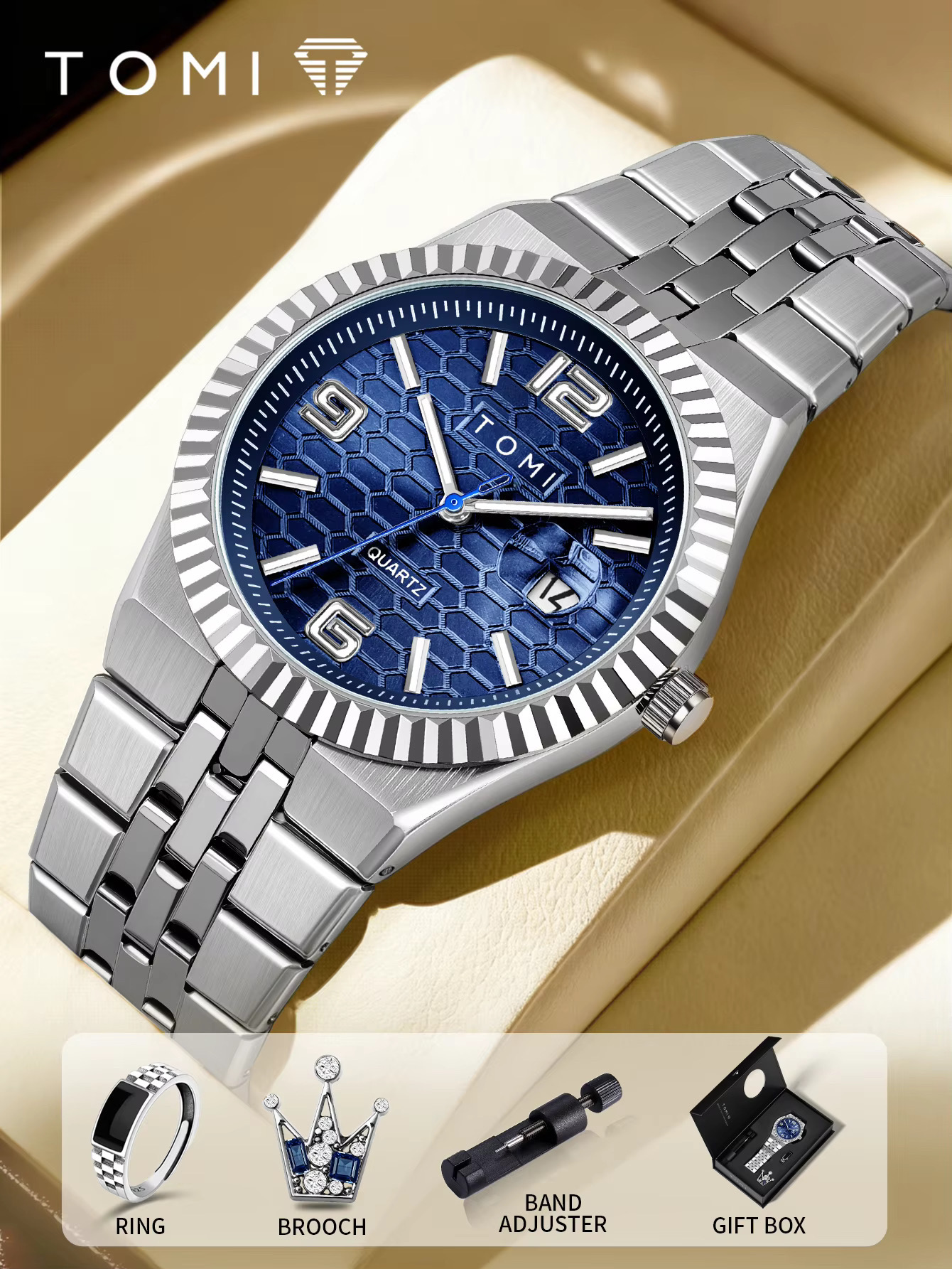 TOMI T-311 Men's Luxury Stainless Steel Watch Gift Box Set (Blue)_img_3