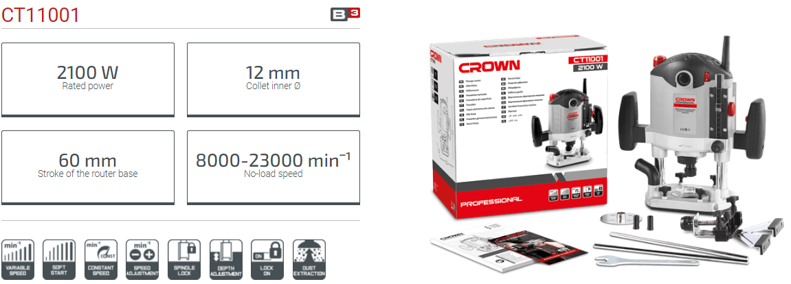 CROWN CT11001 Professional Plunge Router, 2100W, 12mm; CT11001_img_2