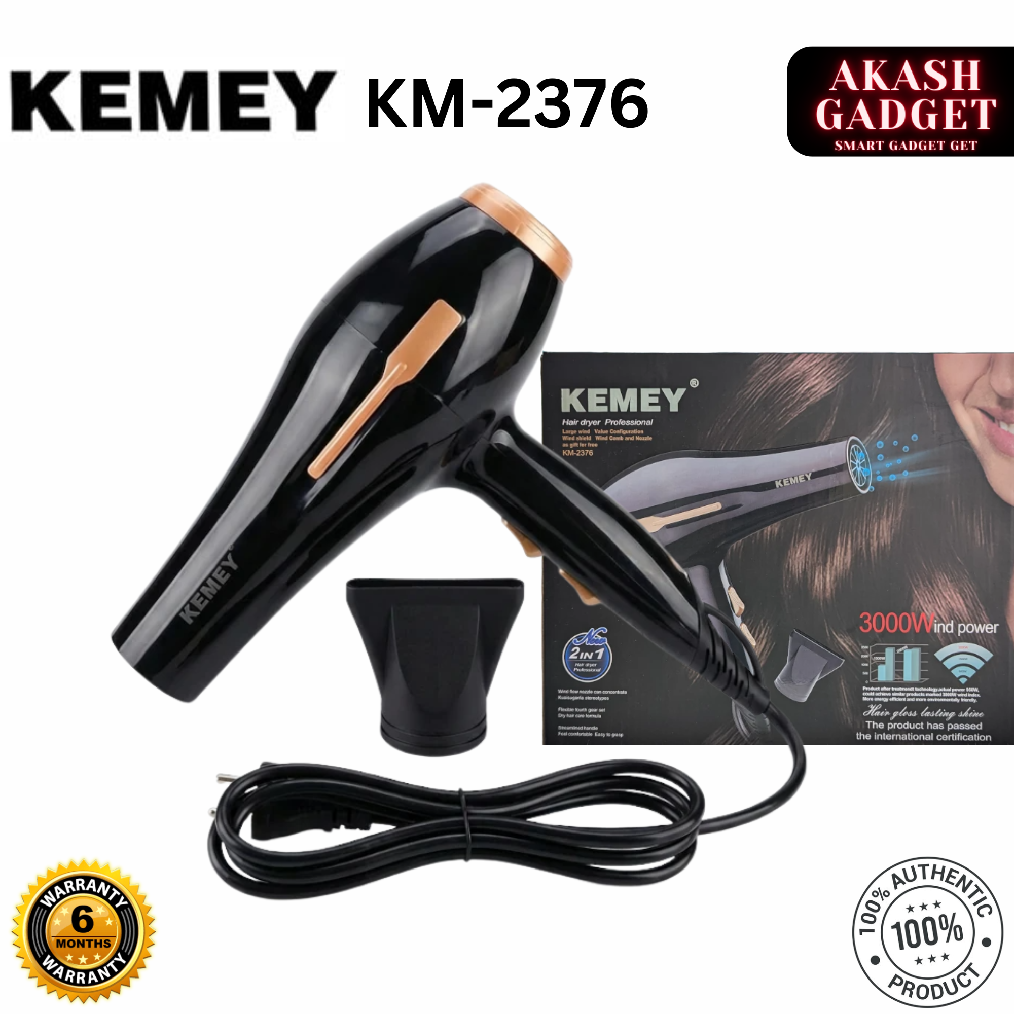 Kemey KM-2376 / KM-2378 Professional 2 in 1 Hair Dryer | 3000W Powerful Motor