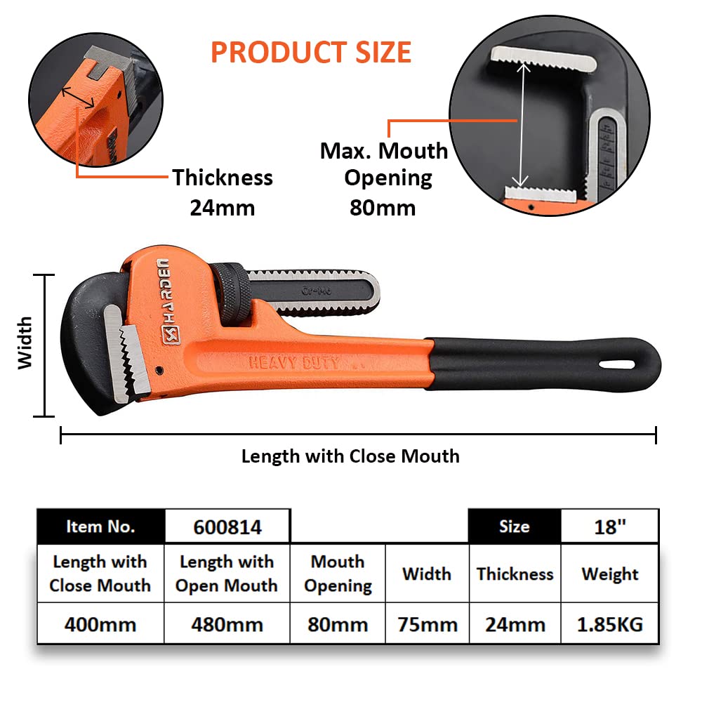 HARDEN Pipe Wrench (8" | 10" | 12" | 14" | 18" | 24" | 36" | 48"), Professional Heavy Duty Chrome Vanadium; 600810 - 600817_img_7
