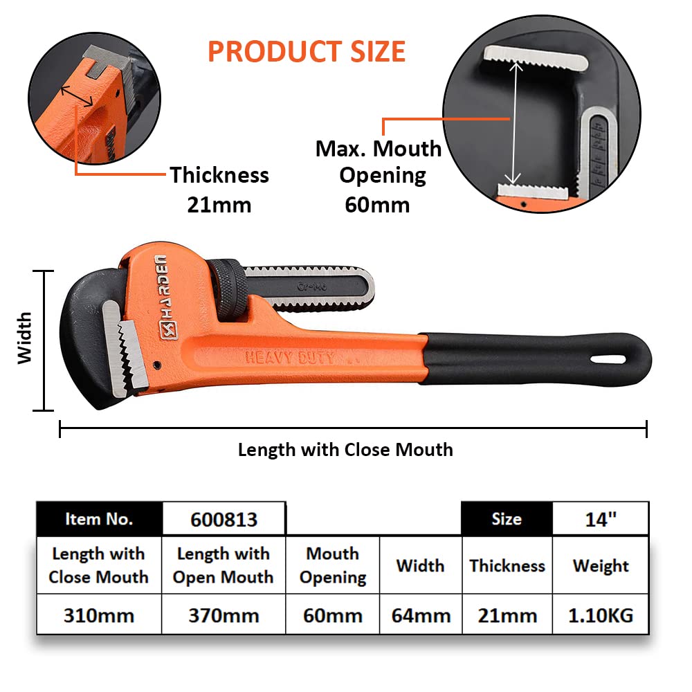 HARDEN Pipe Wrench (8" | 10" | 12" | 14" | 18" | 24" | 36" | 48"), Professional Heavy Duty Chrome Vanadium; 600810 - 600817_img_9
