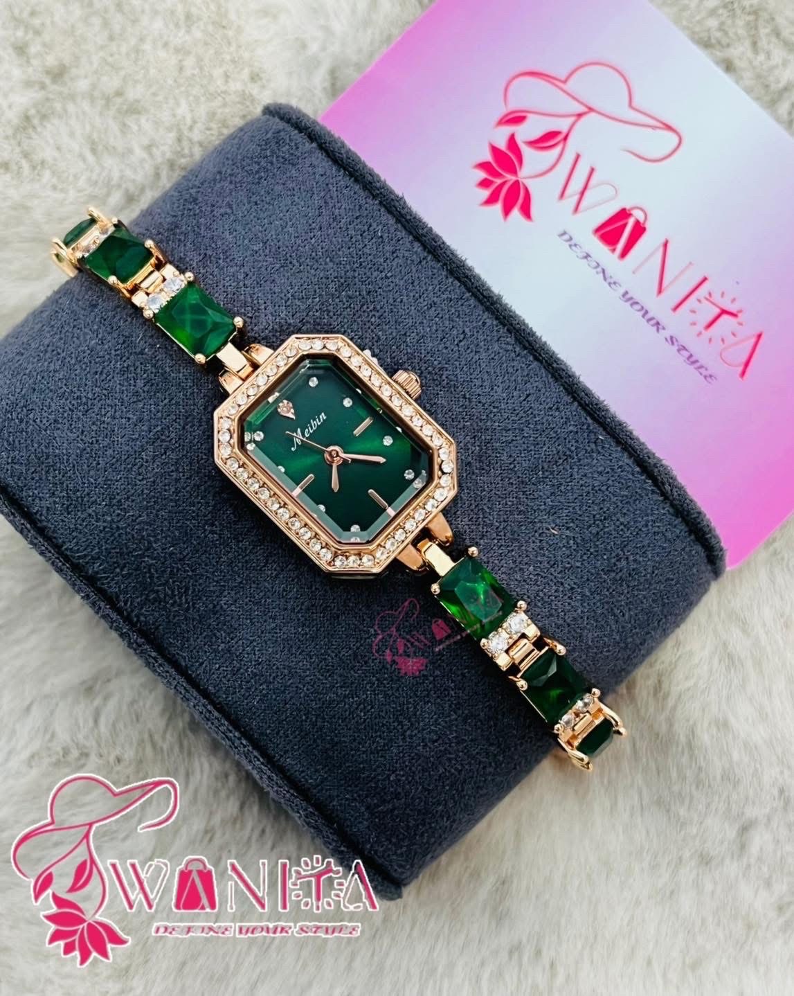 Meibin Ladies Green Stone Bracelet Watch