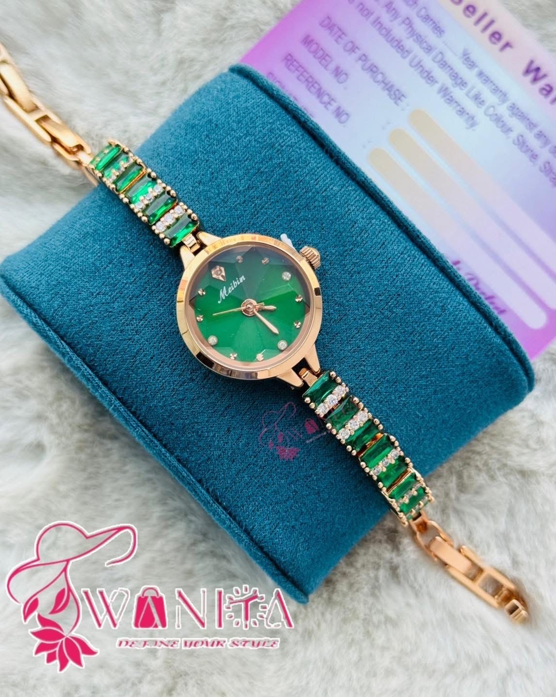 Meibin Ladies Green Stone Bracelet Watch