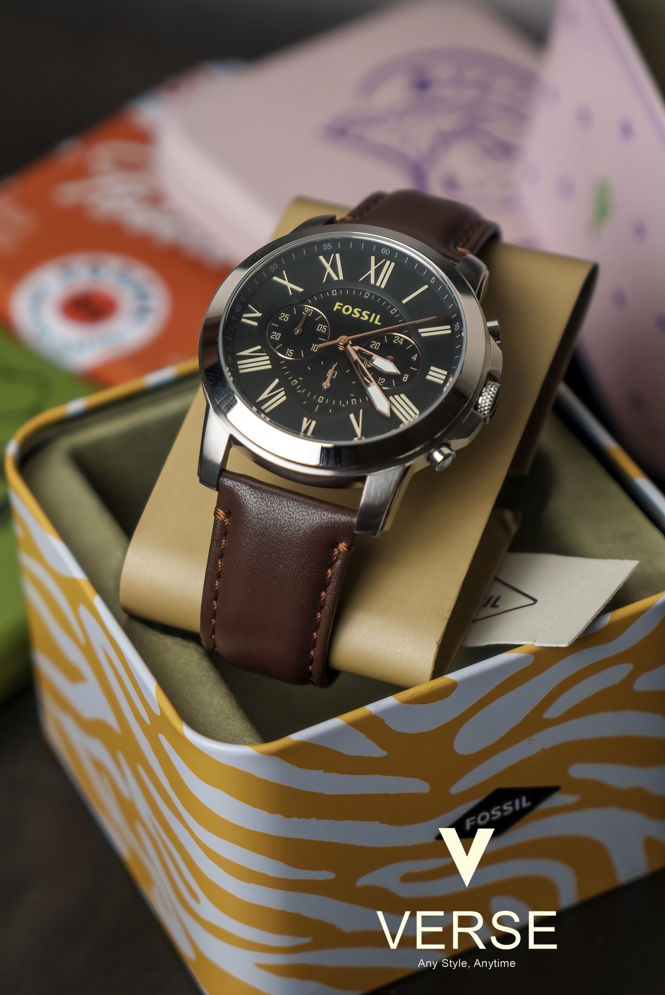 Fossil Grant FS4813 Men’s 44 mm Black Dial Chronograph – Brown Leather Strap