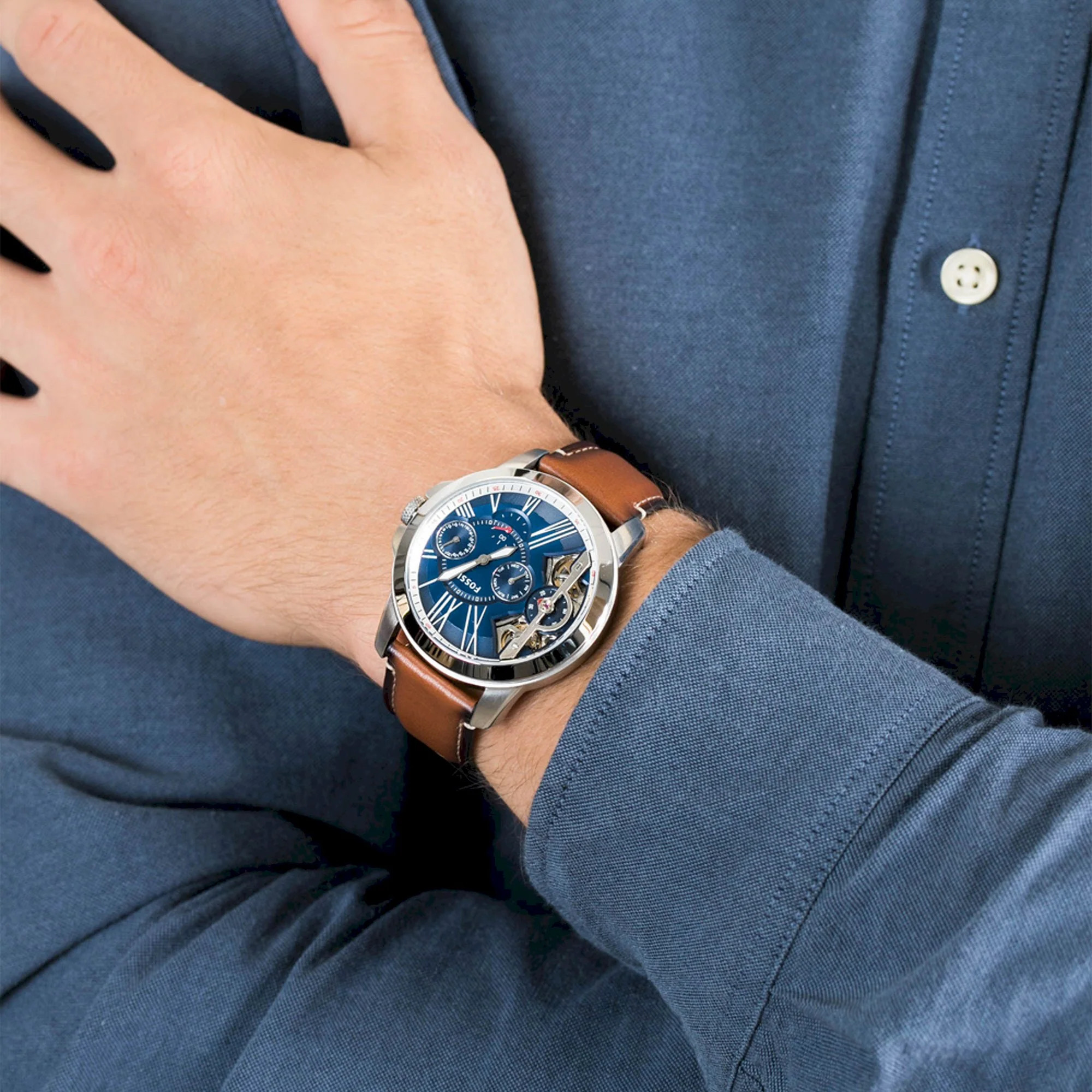 Fossil Grant ME1161 Men’s 44 mm Silver Chronograph – Navy Dial & Brown Leather_img_1