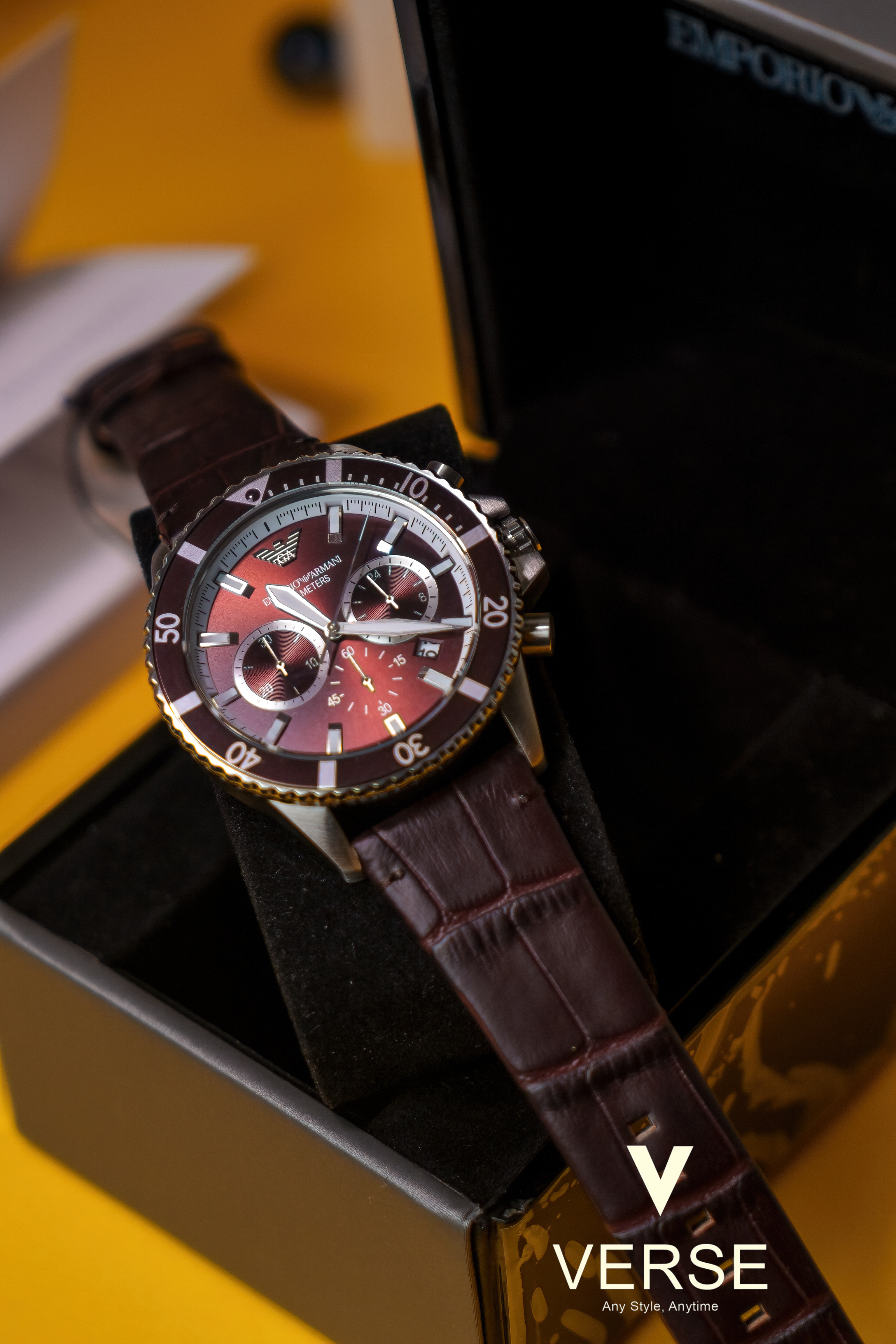 Emporio Armani AR11486 Men’s 43 mm Diver Chronograph – Brown Dial & Leather Strap