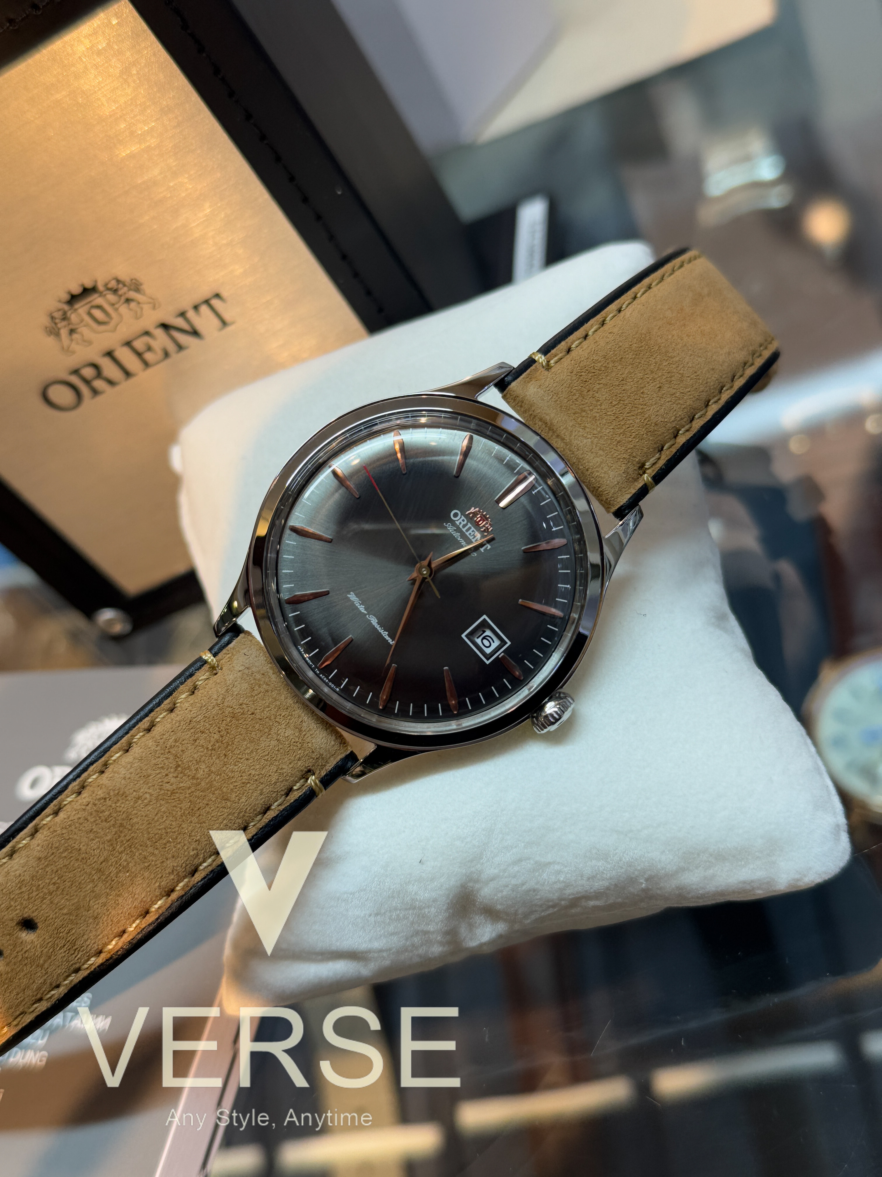Orient Bambino Version 4 FAC08003A0 Men’s 42 mm Automatic Dress Watch – Grey Dial & Brown Suede Strap