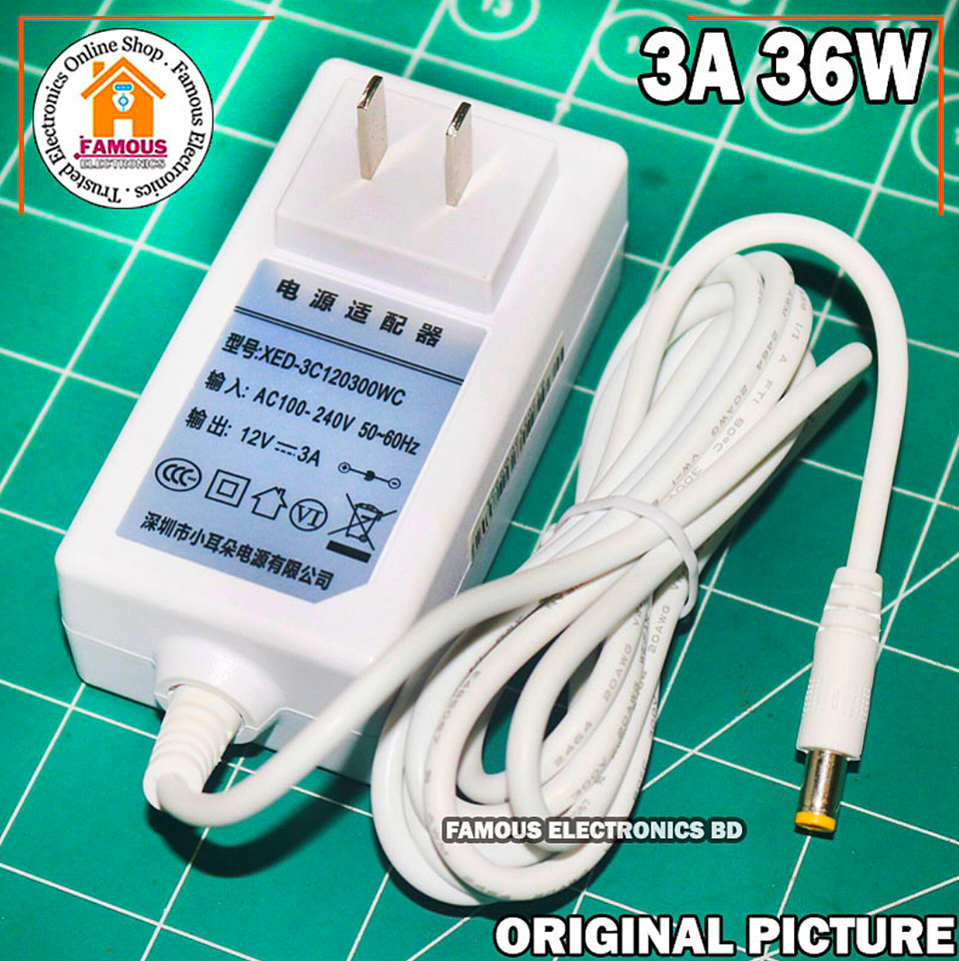 DC 12V 3A 36W AC 100-240V Converter Adapter Charger Power Supply 3A High Quality Adaptor (White)