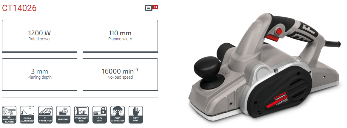 CROWN CT14026 Professional Power Planer, 1200W, 3mm, 110mm; Model: CT14026_img_1