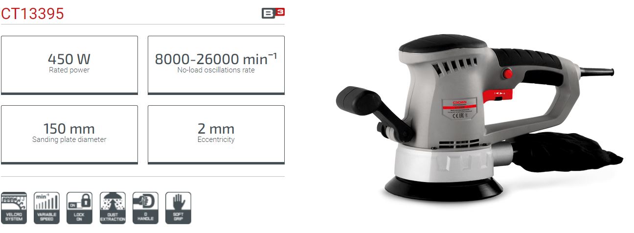 CROWN CT13395 Professional Rotary Sander, 450W, Round, 150mm; CT13395_img_1