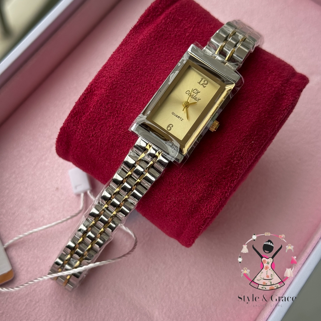 Caslex | CX- | Authentic Dual Tone | Long Square Shape | Gold Dial