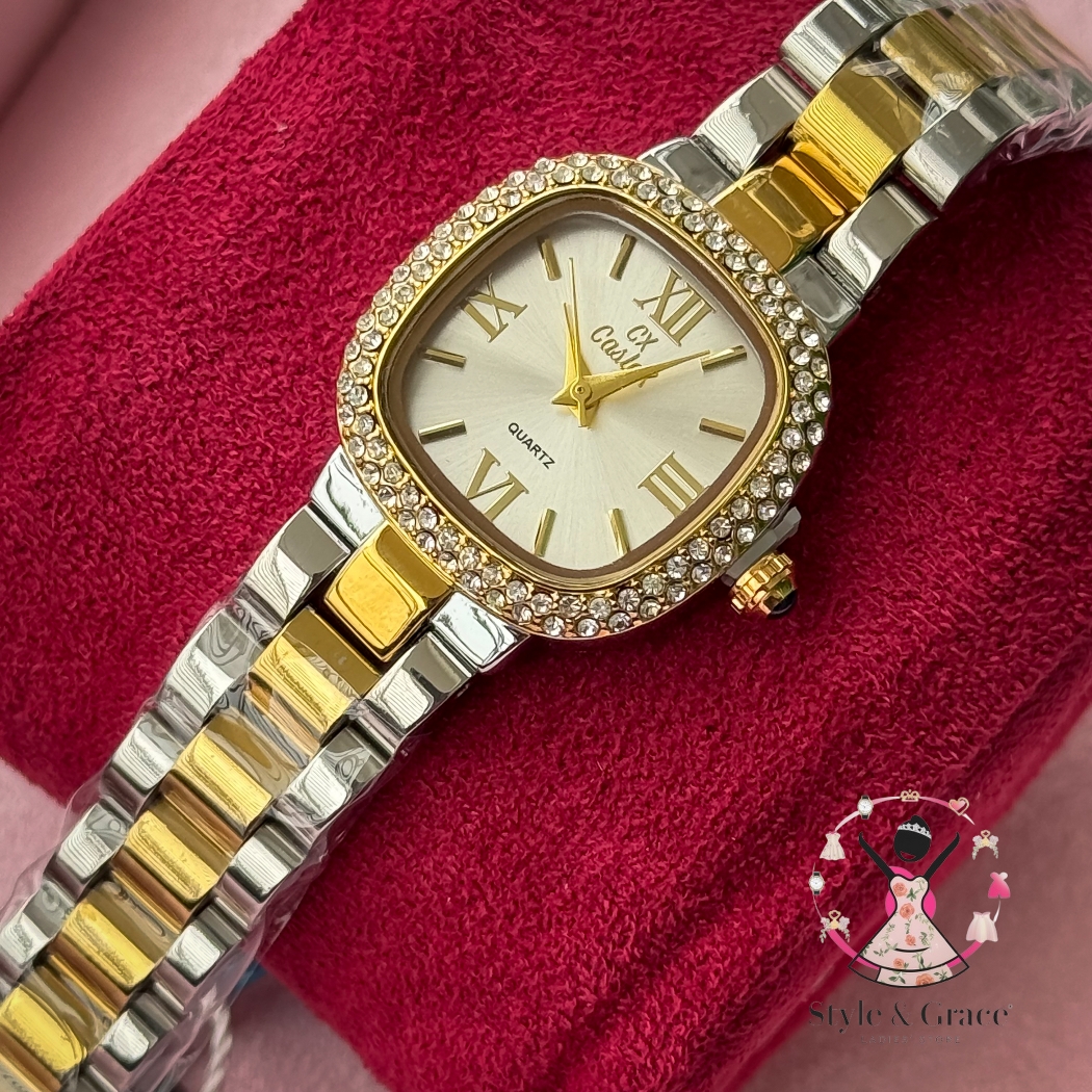 Caslex | CX- | Authentic Dual Tone | Soft Square Dial | Pearl White Dial Stone