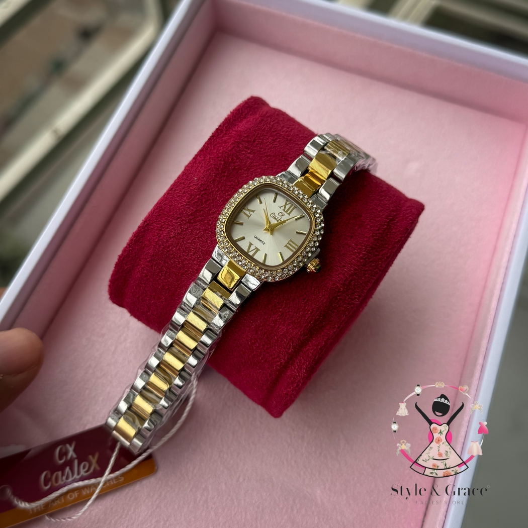 Caslex | CX- | Authentic Dual Tone | Soft Square Dial | Pearl White Dial Stone_img_1