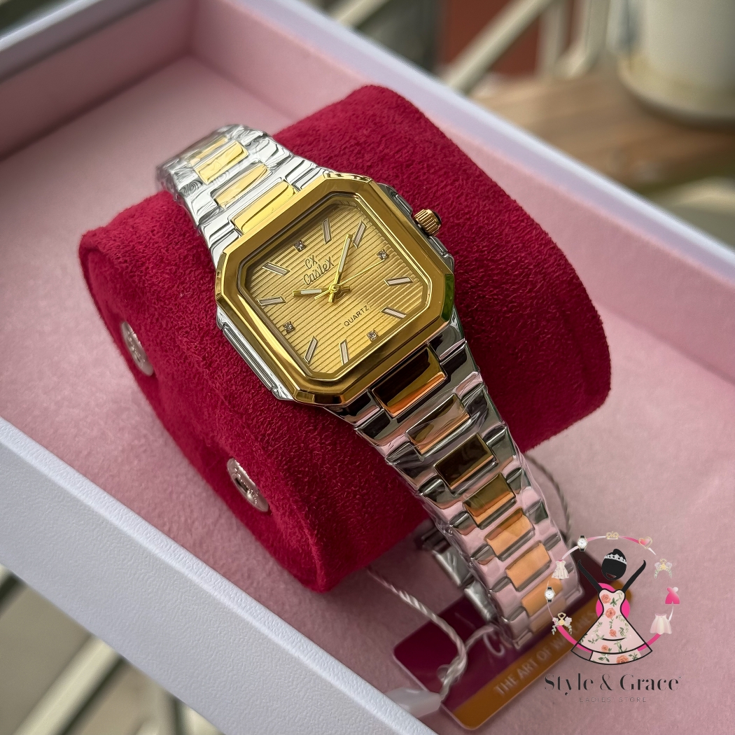 Caslex | CX- | Authentic Dual Tone | Cartier Shape | Square Dial | Sunflower Gold Dial_img_5