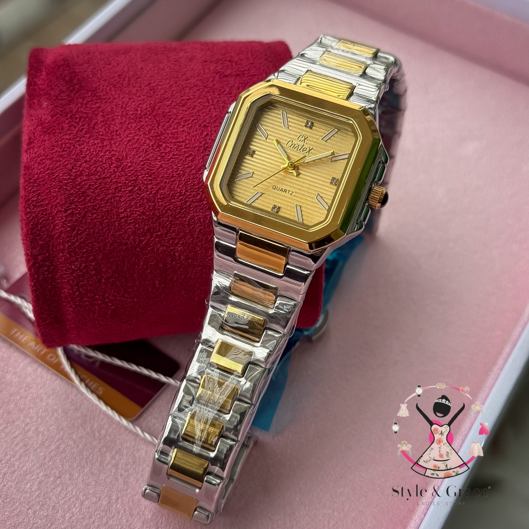 Caslex | CX- | Authentic Dual Tone | Cartier Shape | Square Dial | Sunflower Gold Dial_img_8