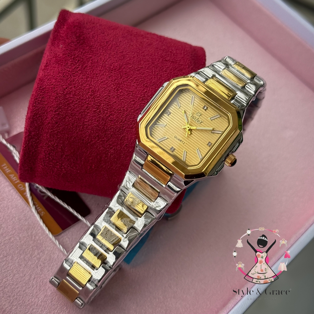 Caslex | CX- | Authentic Dual Tone | Cartier Shape | Square Dial | Sunflower Gold Dial_img_10
