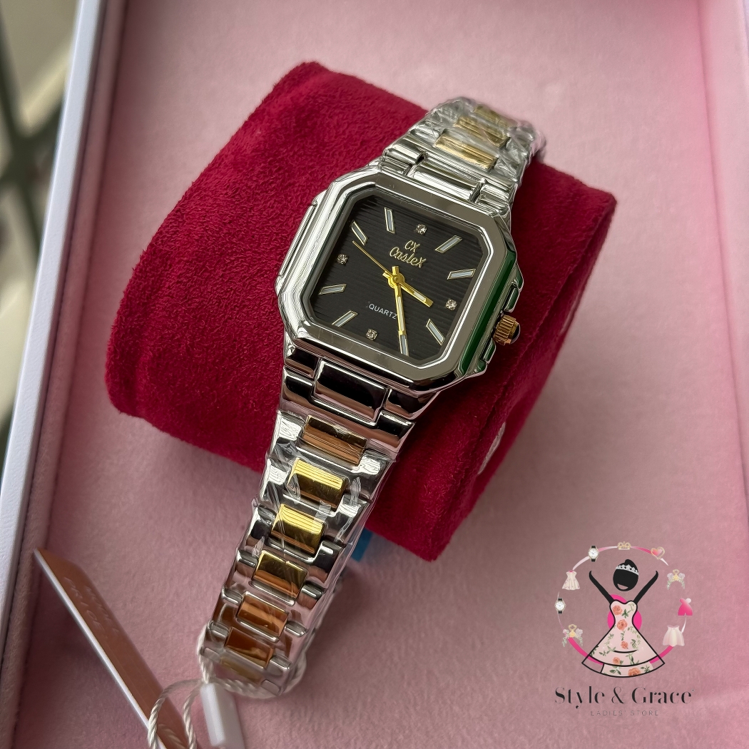 Caslex | CX- | Authentic Dual Tone | Cartier Shape | Square Dial | Black Dial_img_5