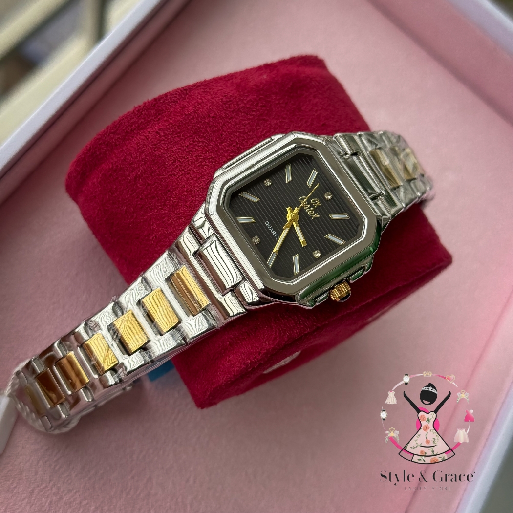 Caslex | CX- | Authentic Dual Tone | Cartier Shape | Square Dial | Black Dial_img_7