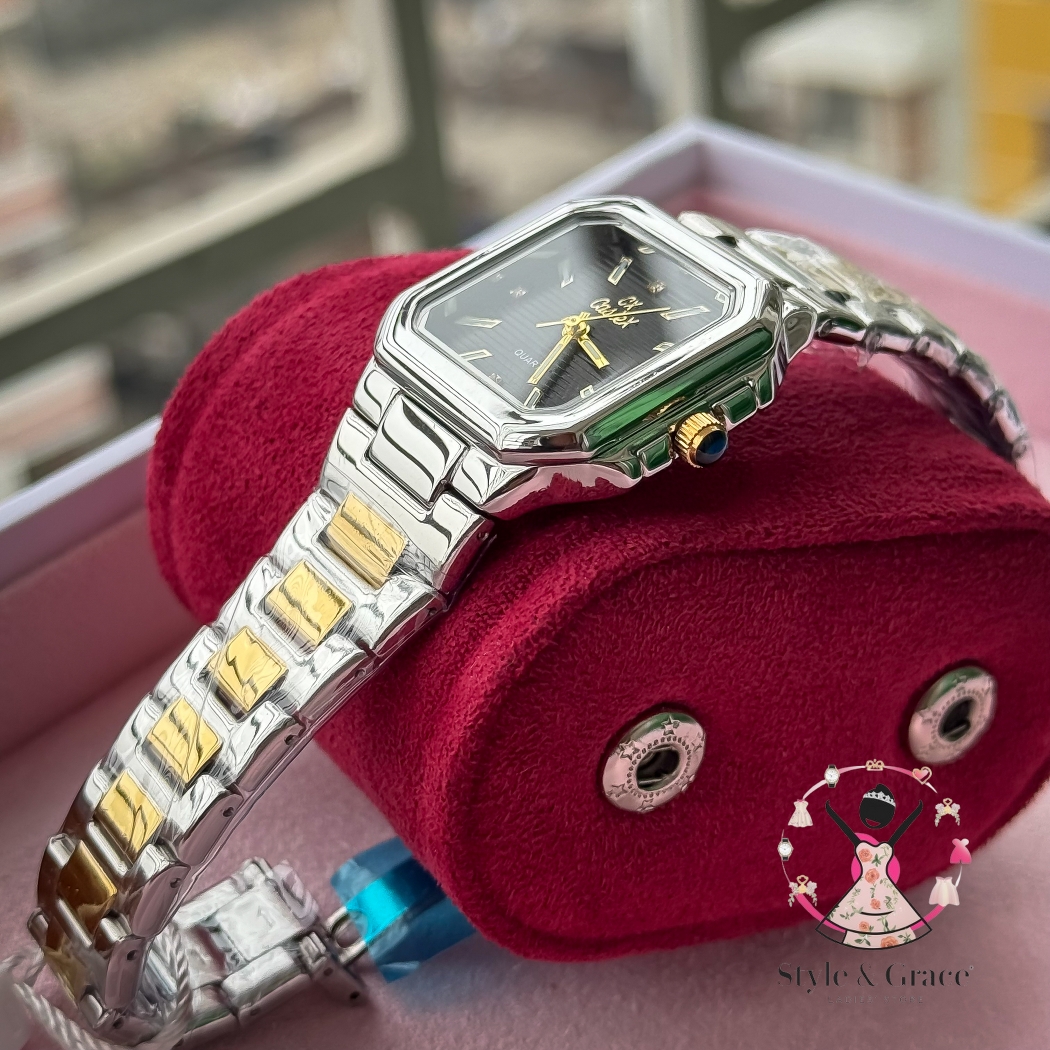 Caslex | CX- | Authentic Dual Tone | Cartier Shape | Square Dial | Black Dial_img_1