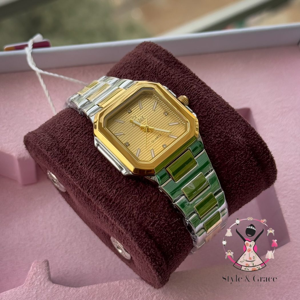 Caslex | CX- | Authentic Dual Tone | Cartier Shape | Square Dial | Sunflower Gold Dial