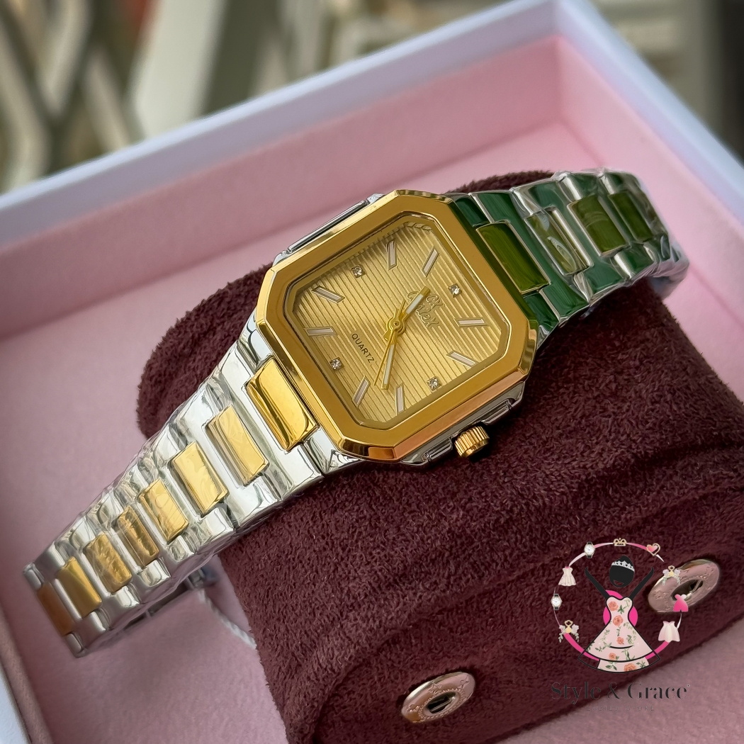 Caslex | CX- | Authentic Dual Tone | Cartier Shape | Square Dial | Sunflower Gold Dial_img_1
