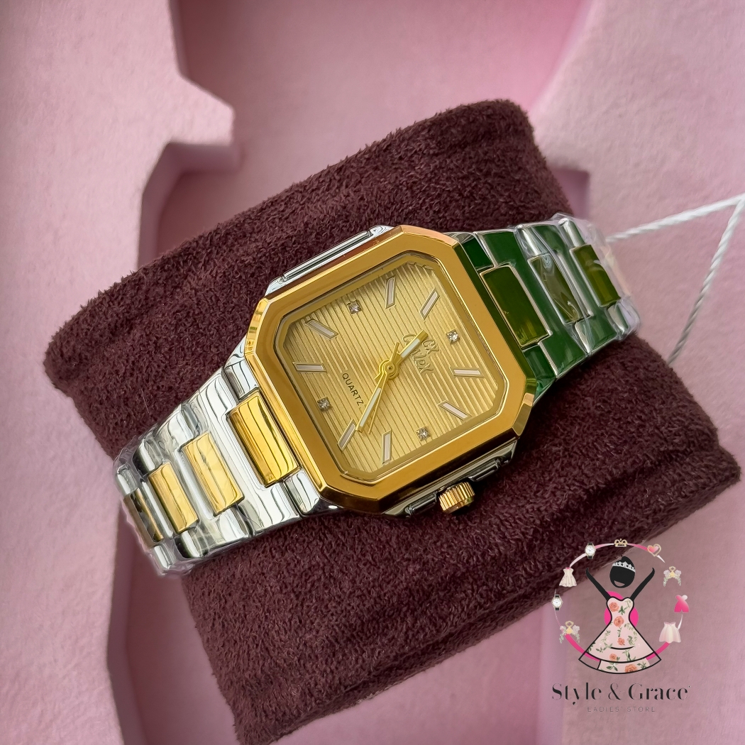 Caslex | CX- | Authentic Dual Tone | Cartier Shape | Square Dial | Sunflower Gold Dial_img_2