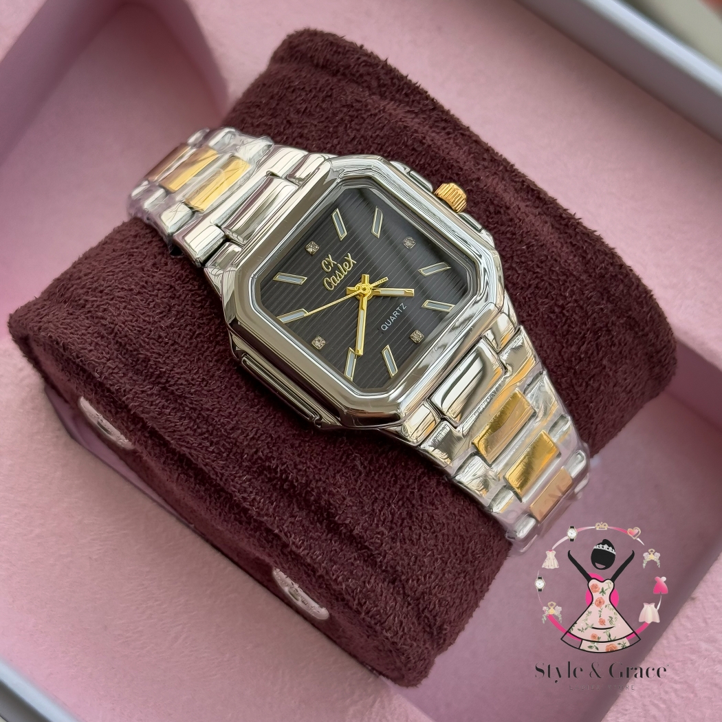 Caslex | CX- | Authentic Dual Tone | Cartier Shape | Square Dial | Black Dial