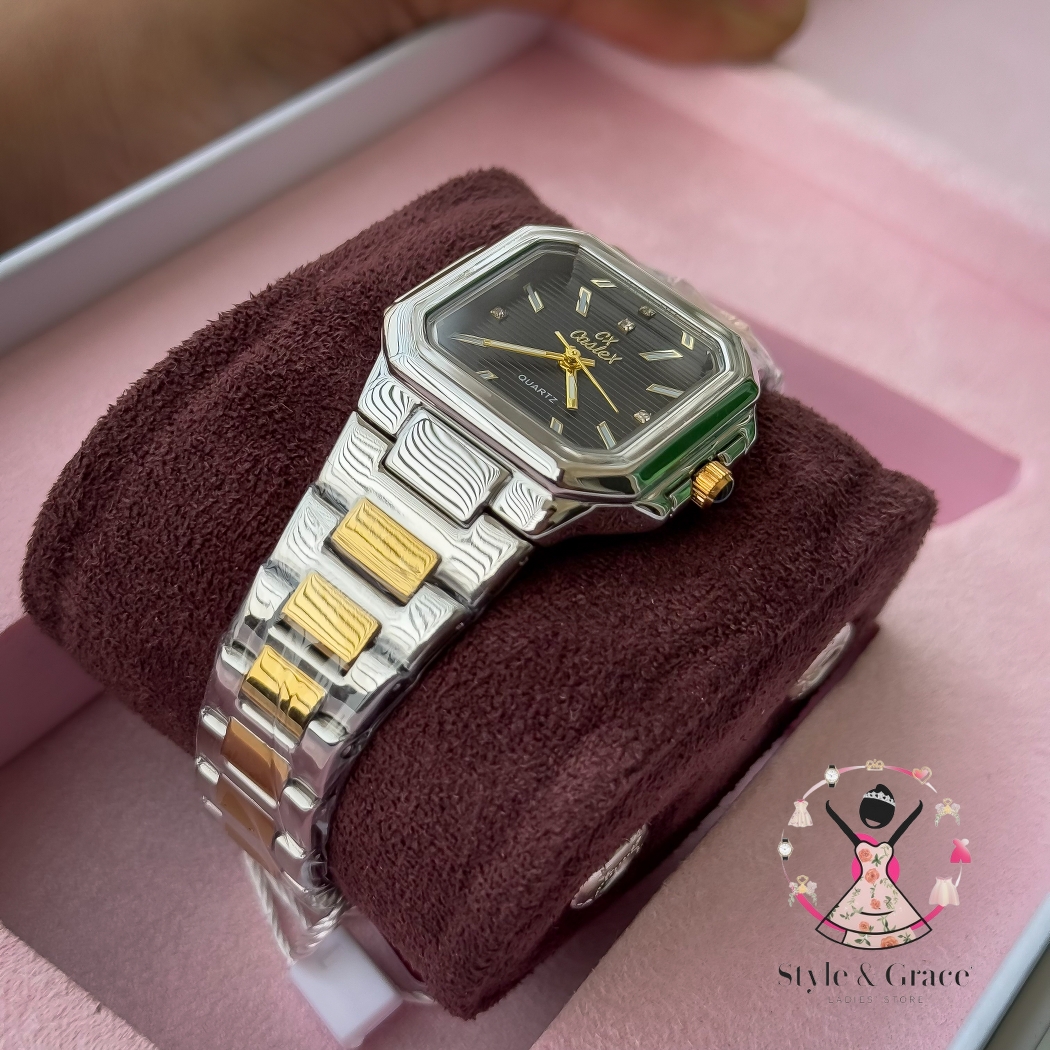 Caslex | CX- | Authentic Dual Tone | Cartier Shape | Square Dial | Black Dial_img_2