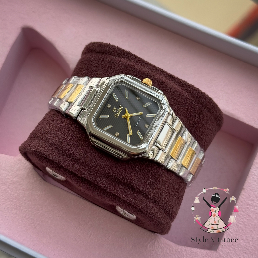 Caslex | CX- | Authentic Dual Tone | Cartier Shape | Square Dial | Black Dial_img_3