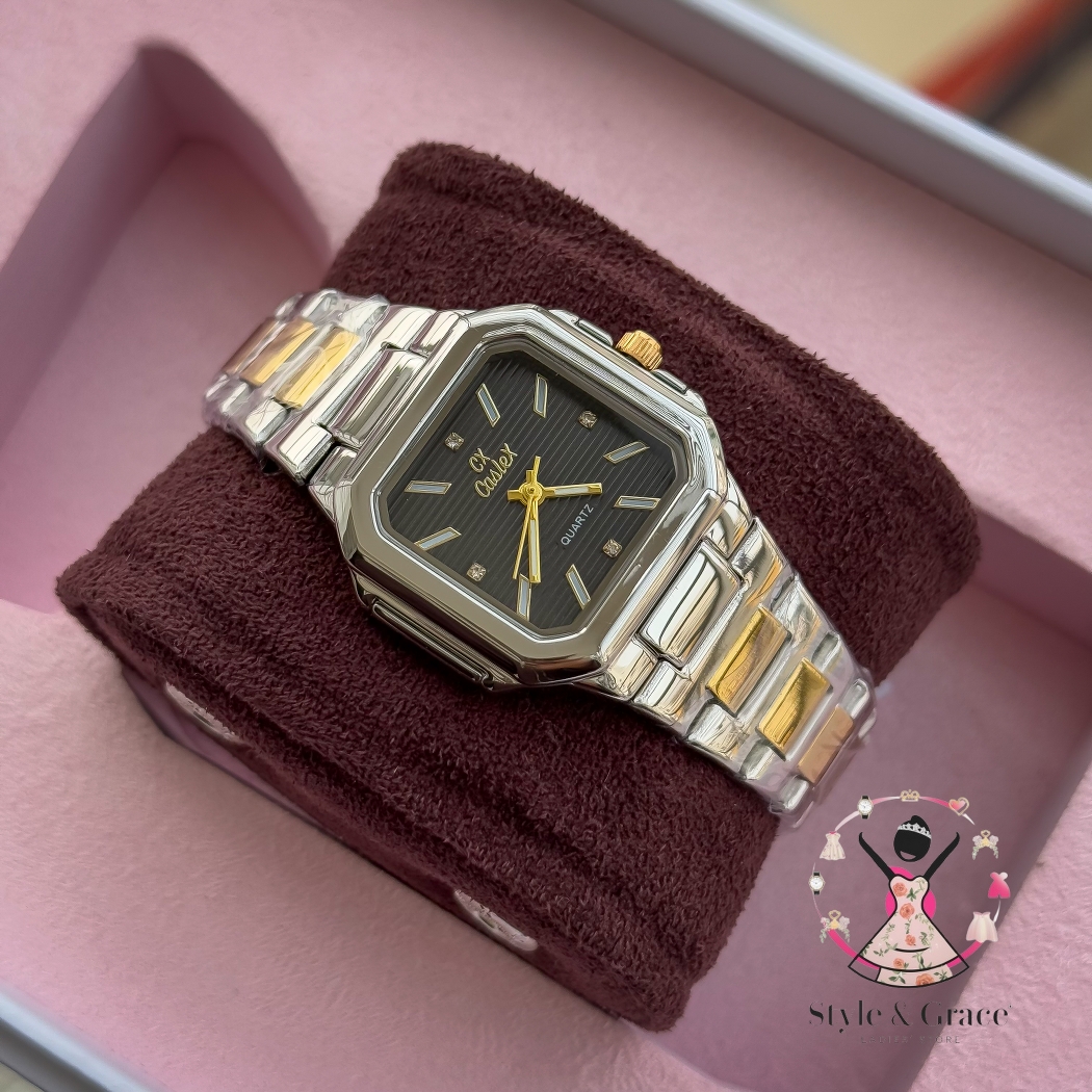 Caslex | CX- | Authentic Dual Tone | Cartier Shape | Square Dial | Black Dial_img_4