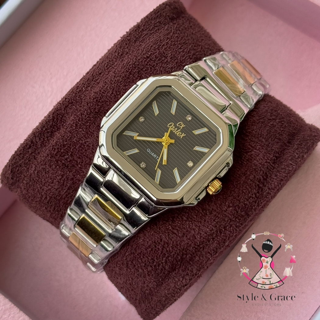 Caslex | CX- | Authentic Dual Tone | Cartier Shape | Square Dial | Black Dial_img_8