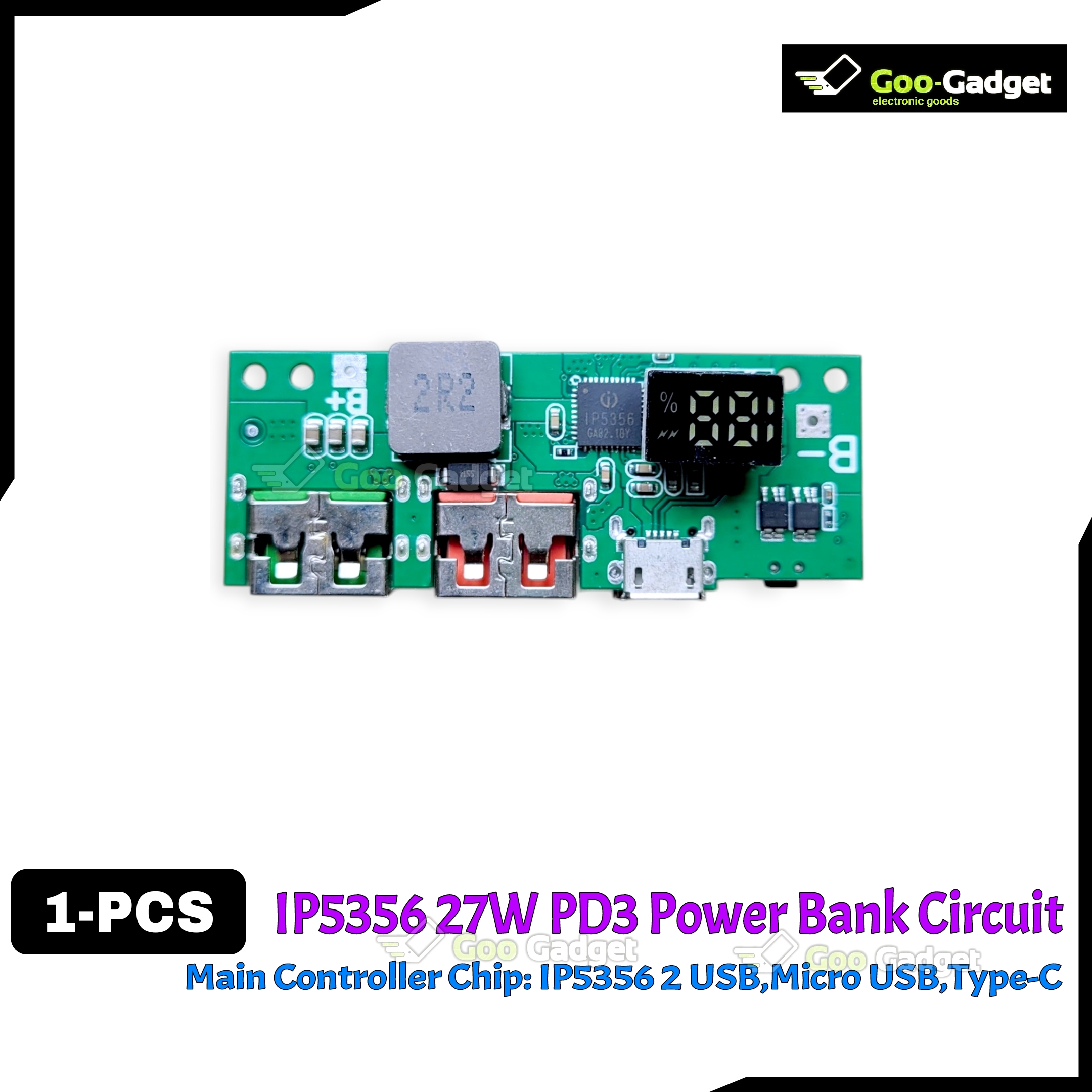 IP5356 27W Quick Charge PD3.1 USB 3.1 Gen-1 Digital Power Bank Circuit – 3-in-1 Charging Input Output Port – LED Display