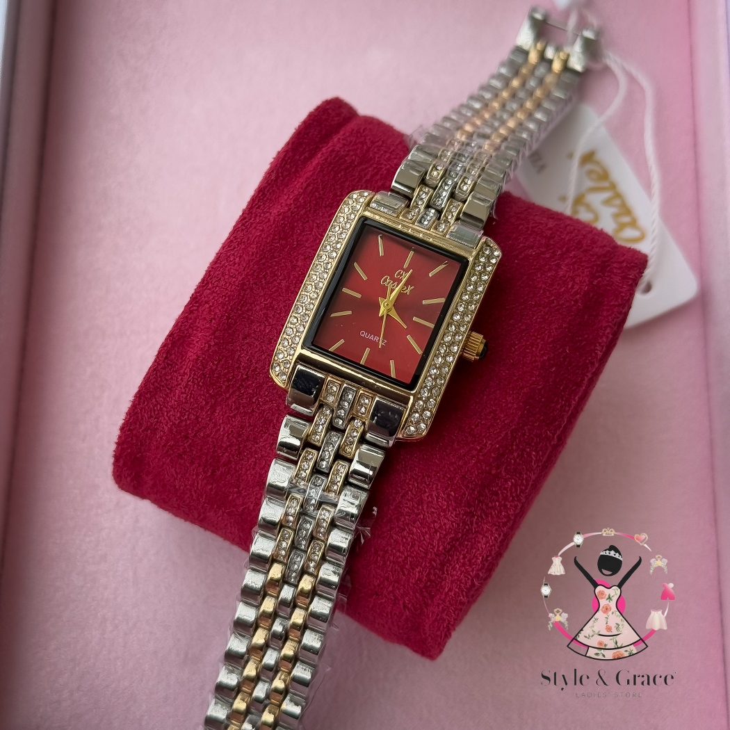 Caslex | CX - | Square Stone bezel Chain| Dual Tone | Red Dial