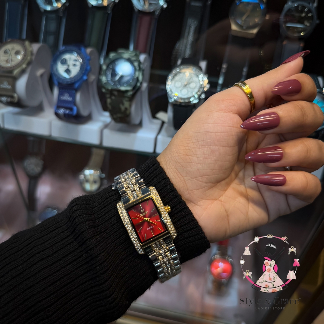 Caslex | CX - | Square Stone bezel Chain| Dual Tone | Red Dial_img_1