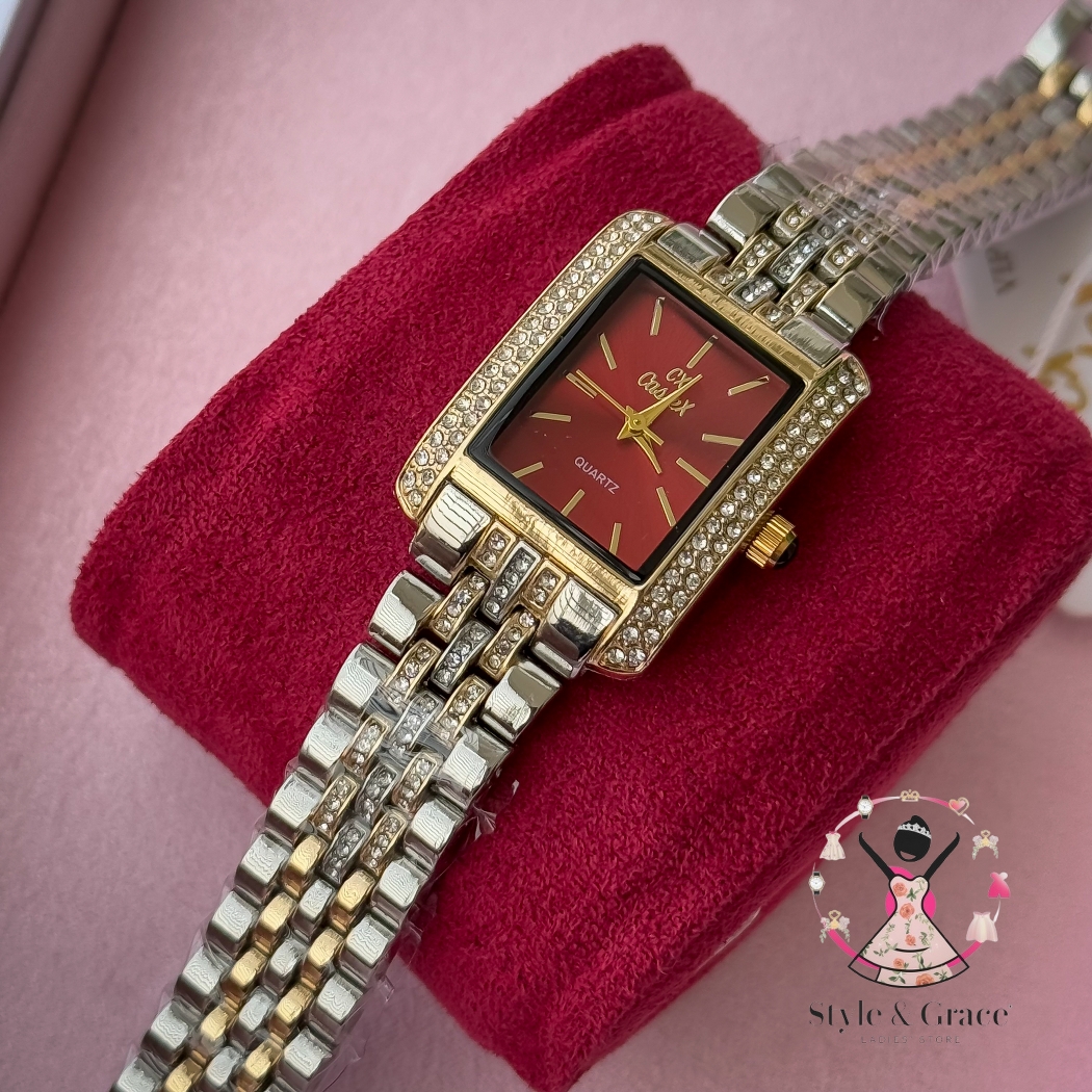 Caslex | CX - | Square Stone bezel Chain| Dual Tone | Red Dial_img_2