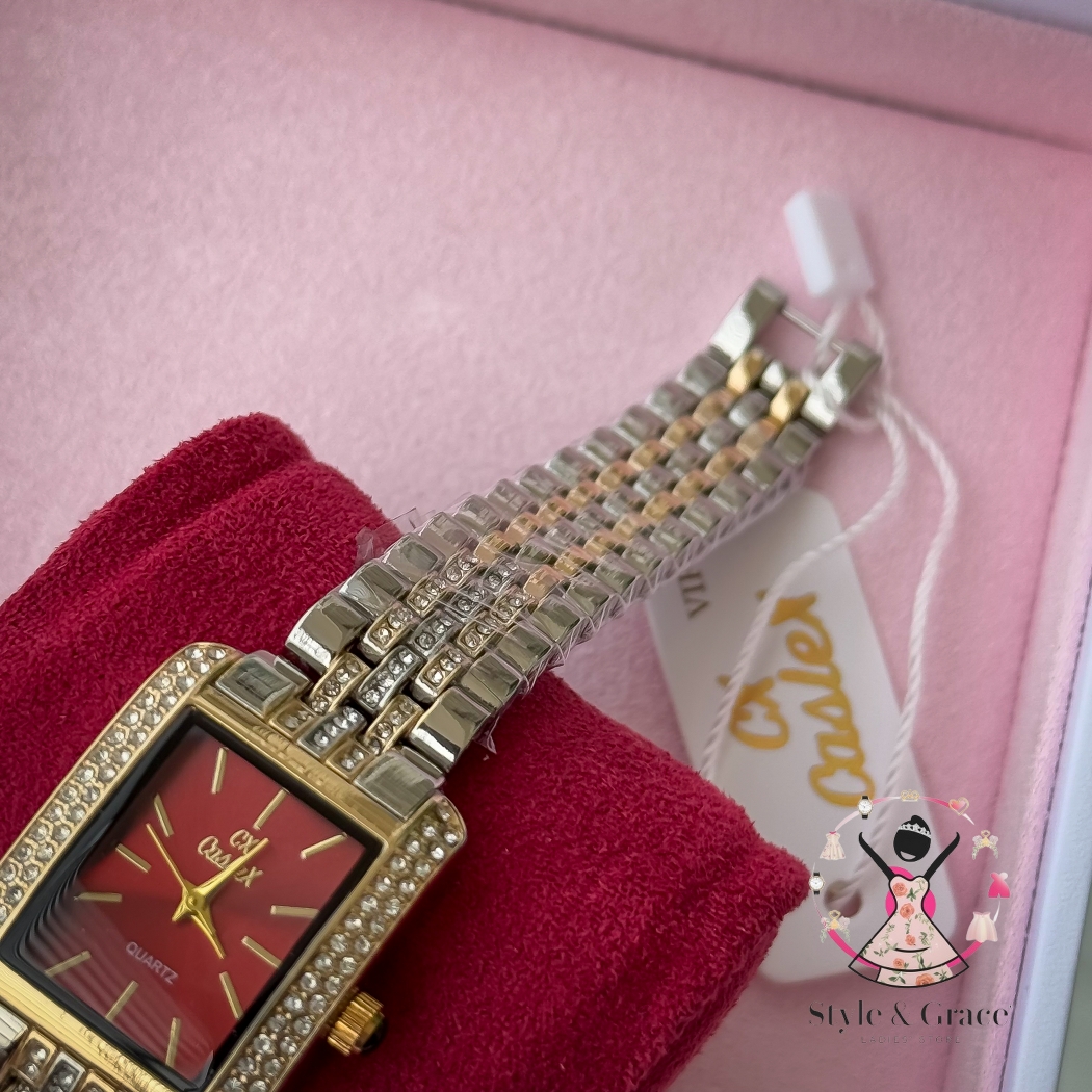 Caslex | CX - | Square Stone bezel Chain| Dual Tone | Red Dial_img_3