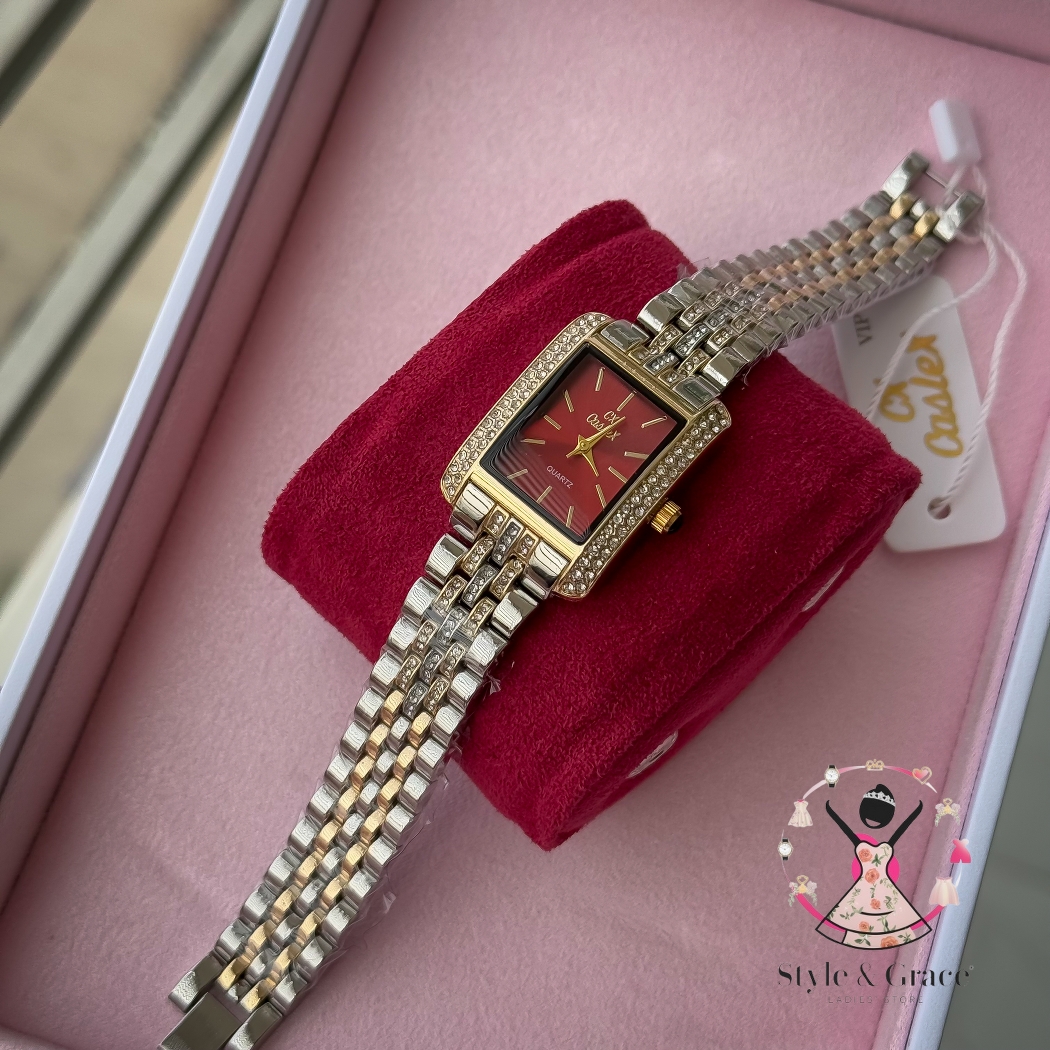 Caslex | CX - | Square Stone bezel Chain| Dual Tone | Red Dial_img_5