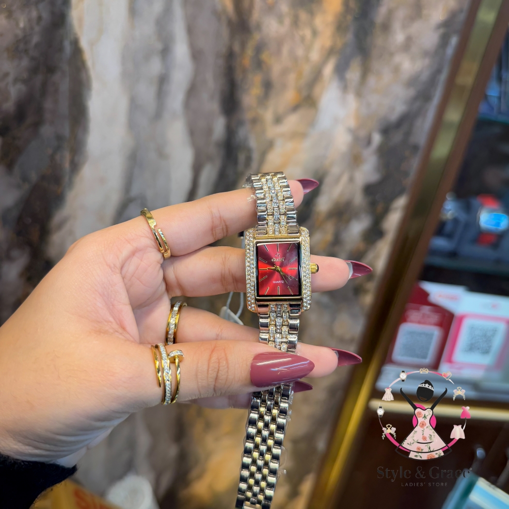 Caslex | CX - | Square Stone bezel Chain| Dual Tone | Red Dial_img_6