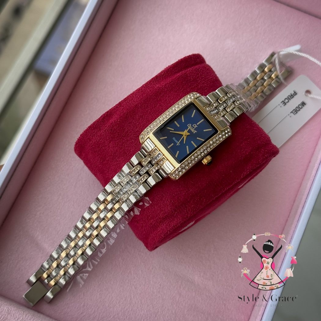 Caslex | CX - | Square Stone bezel Chain| Dual Tone | Blue Dial_img_1