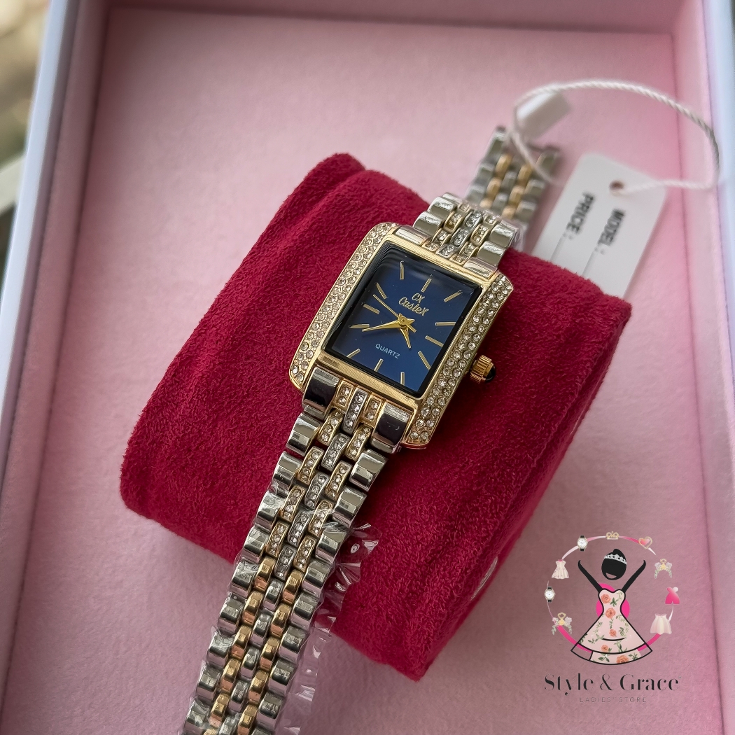 Caslex | CX - | Square Stone bezel Chain| Dual Tone | Blue Dial_img_4