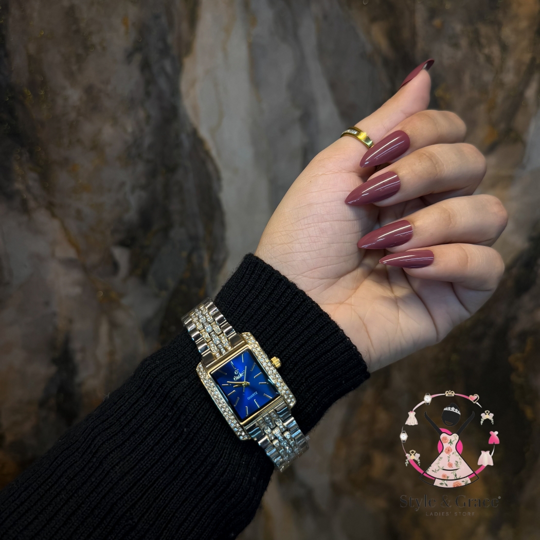 Caslex | CX - | Square Stone bezel Chain| Dual Tone | Blue Dial_img_8