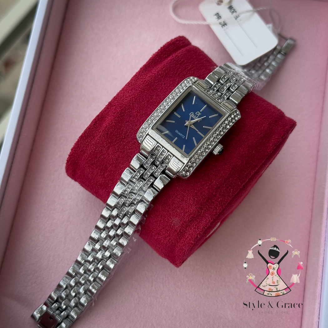 Caslex | CX - | Square Stone bezel Chain| Single Tone | Blue Dial