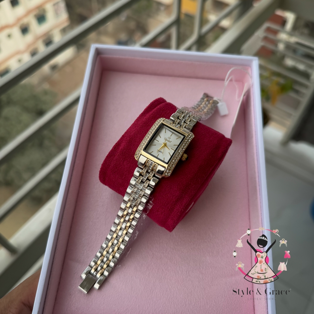 Caslex | CX - | Square Stone bezel Chain| Dual Tone | Pearl White Dial