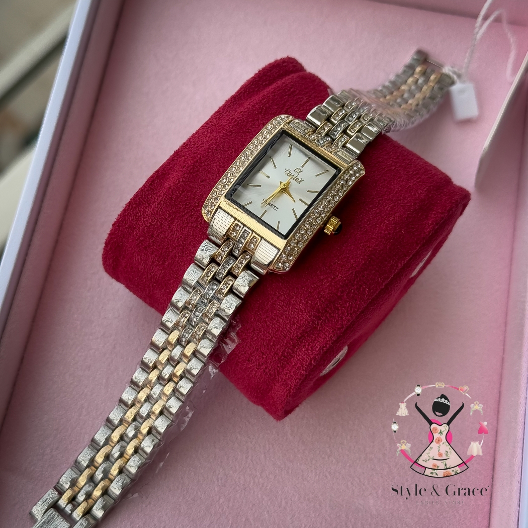 Caslex | CX - | Square Stone bezel Chain| Dual Tone | Pearl White Dial_img_1