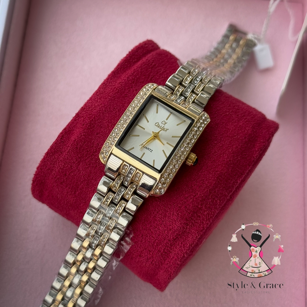 Caslex | CX - | Square Stone bezel Chain| Dual Tone | Pearl White Dial_img_2