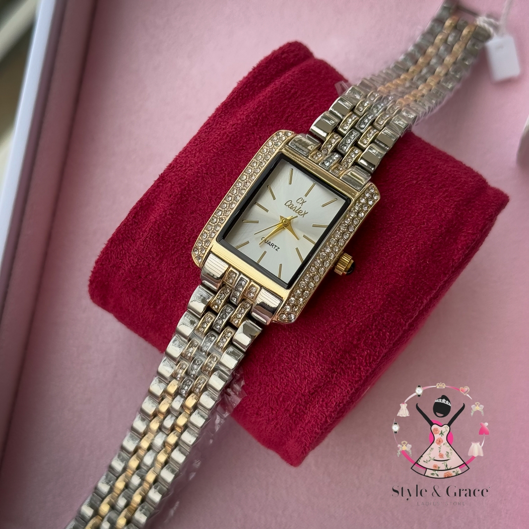 Caslex | CX - | Square Stone bezel Chain| Dual Tone | Pearl White Dial_img_3