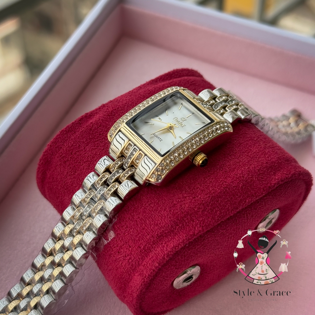 Caslex | CX - | Square Stone bezel Chain| Dual Tone | Pearl White Dial_img_4