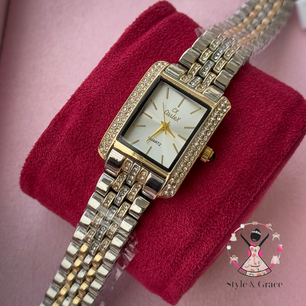 Caslex | CX - | Square Stone bezel Chain| Dual Tone | Pearl White Dial_img_5