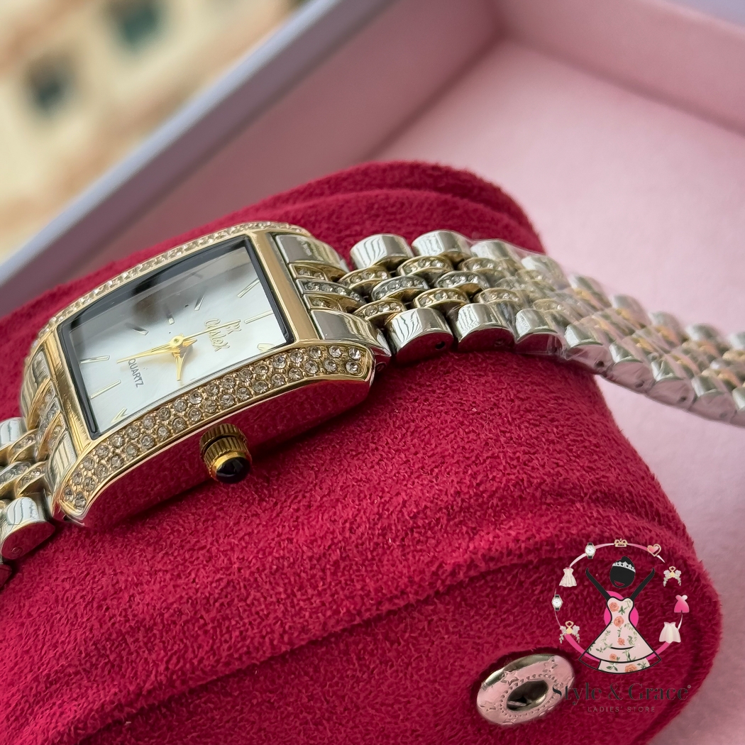 Caslex | CX - | Square Stone bezel Chain| Dual Tone | Pearl White Dial_img_7