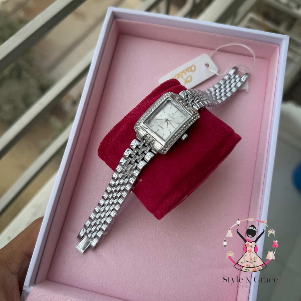 Caslex | CX - | Square Stone bezel Chain| Single Tone | Pearl White Dial